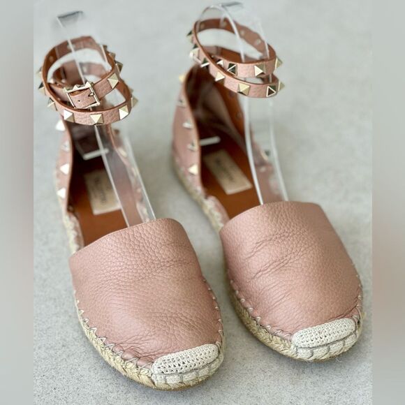 Valentino Garavani Rockstud Pink Leather Espadrille Ankle Wrap Flats Size 37 - Picture 13 of 13